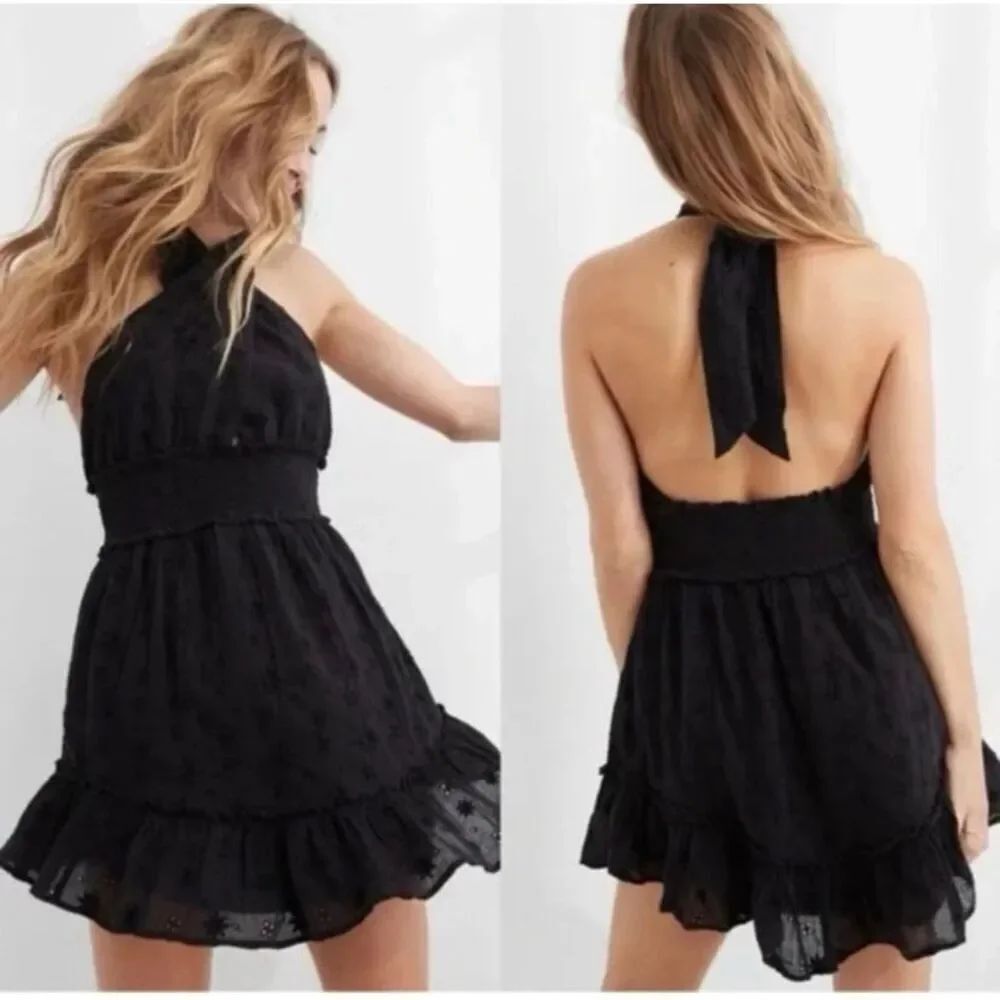 Aerie Spring Fling black halter top dress floral flared ruched Small